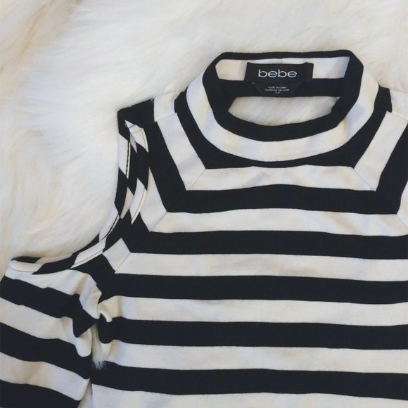 Bebe | Cold Shoulder Crop Top Keyhole Back Black and White Stripes - Picture 1 of 3